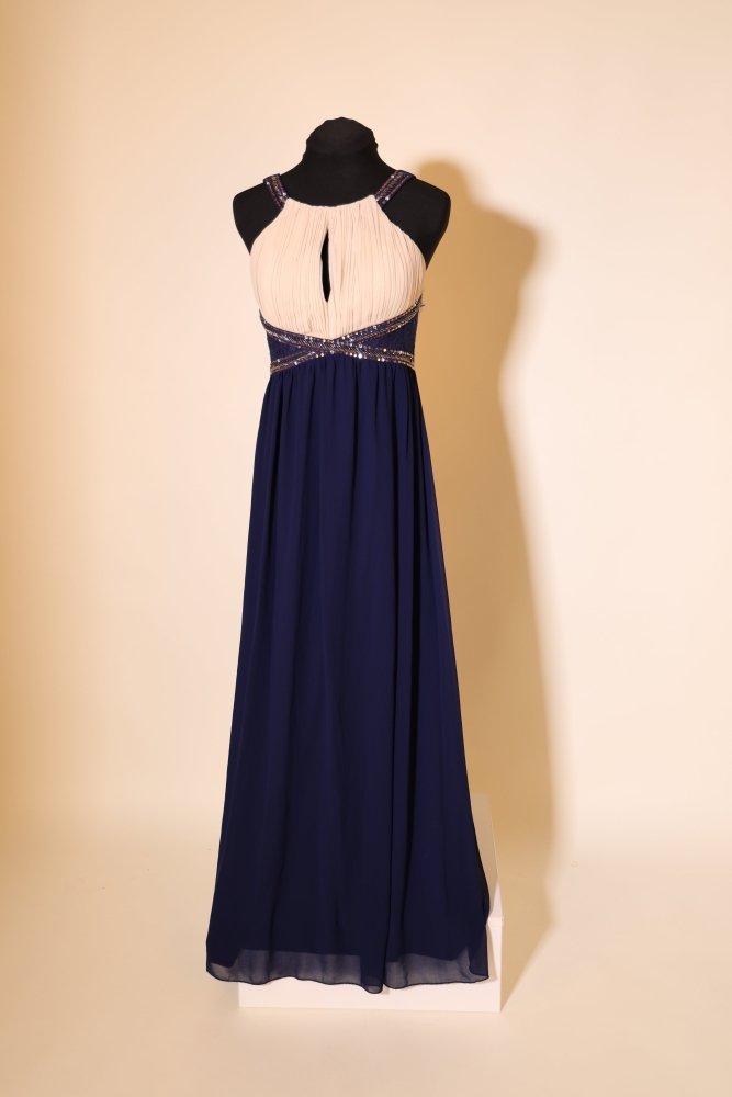 Second Hand Chiffonkleid mit besticktem Gürtel und gesmoktem Rücken, dunkelblau/creme - Dein Kleiderladen