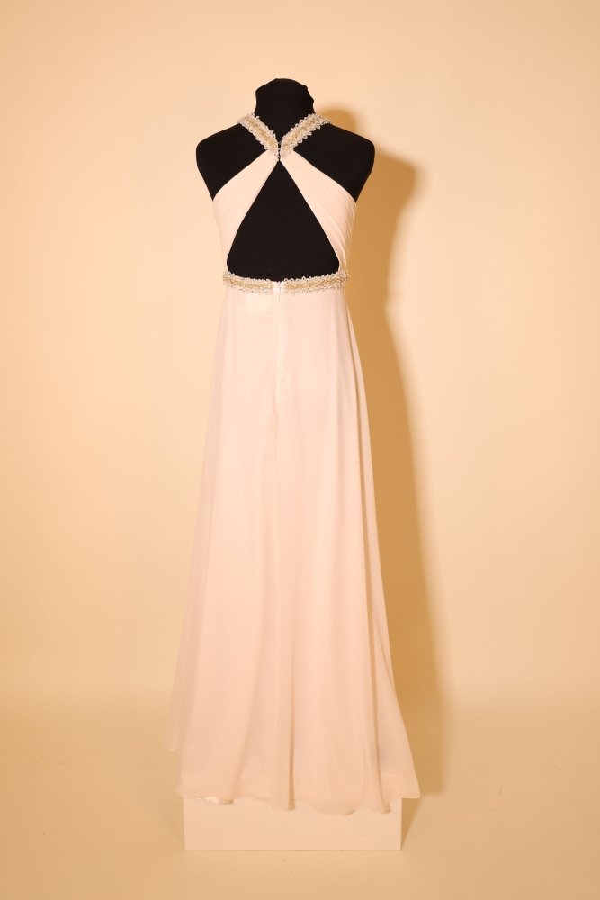 Second Hand Chiffonkleid mit besticktem Rundhalsausschnitt, cremeweiß - Dein Kleiderladen