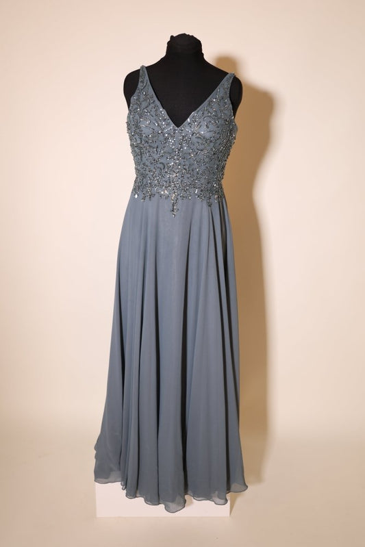 Second Hand Chiffonkleid mit dezenten Glitzersteinen, graublau - Dein Kleiderladen
