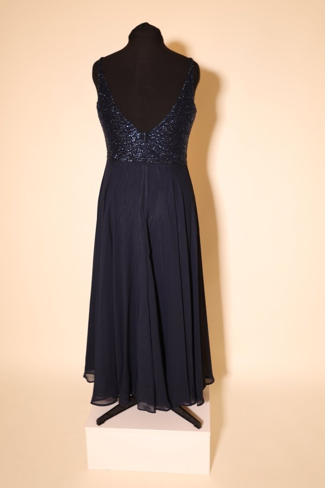Second Hand Chiffonkleid mit seitlichen Cut - outs und funkelndem Oberteil, dunkelblau - Dein Kleiderladen
