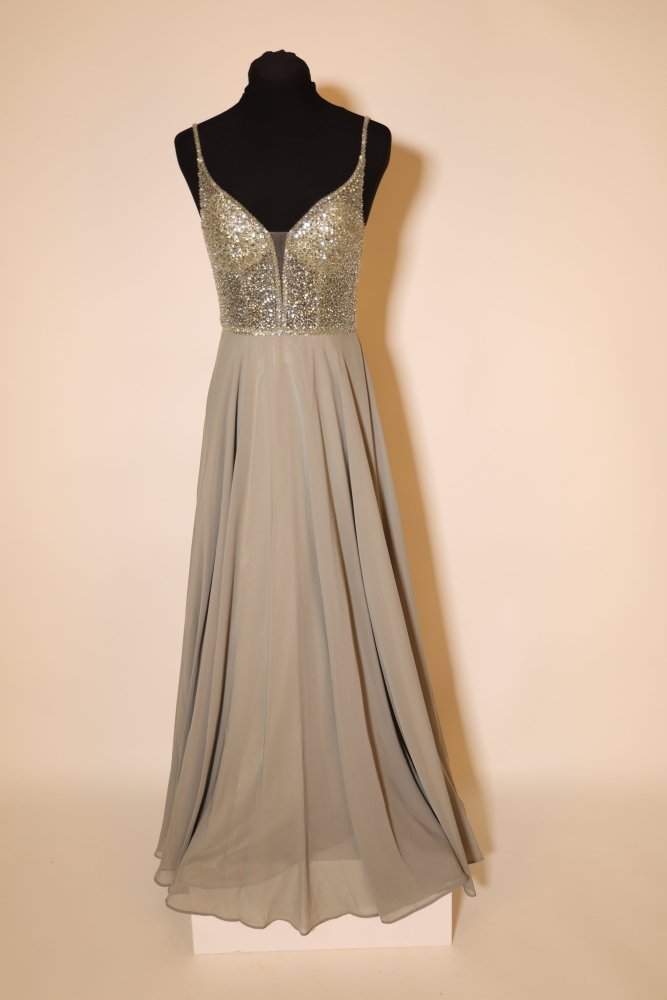 Second Hand elegantes Chiffonkleid mit Glitzeroberteil, oliv - Dein Kleiderladen