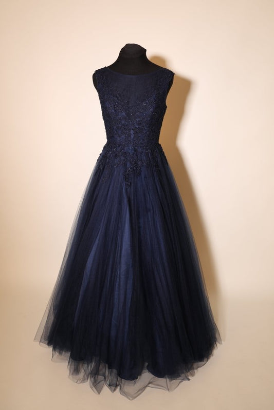 Second Hand elegantes Tüllabendkleid mit Spitze und ausgestelltem Rock, dunkelblau - Dein Kleiderladen