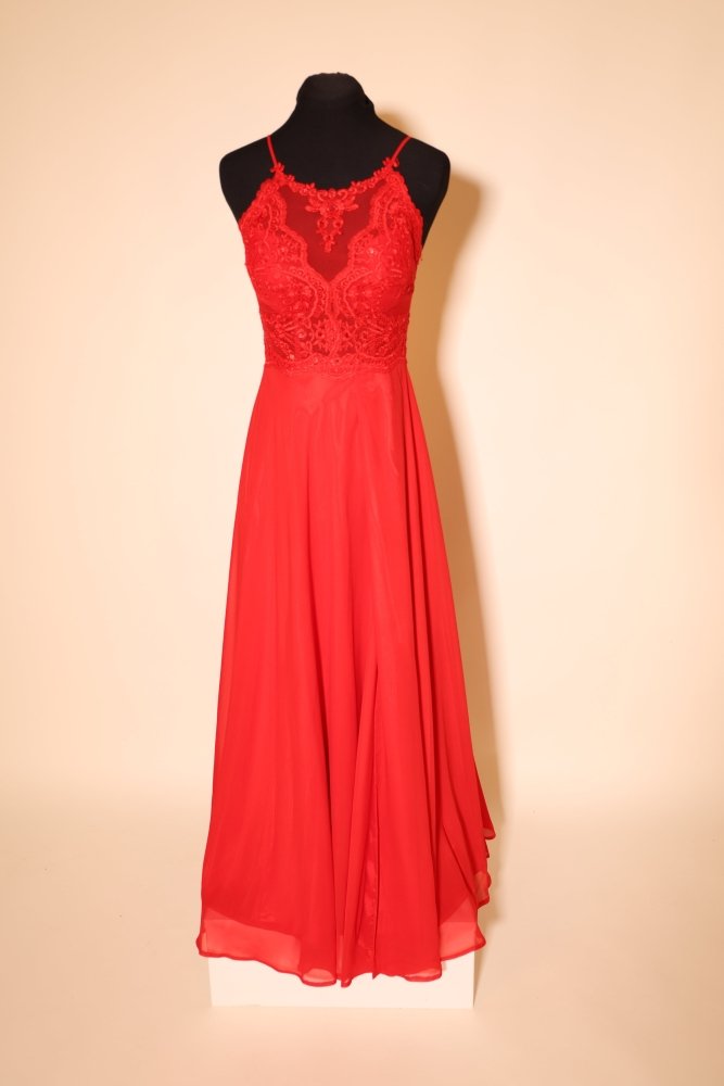 Second Hand hochgeschlossenes Abendkleid mit geradem Rückenausschnitt, rot - Dein Kleiderladen