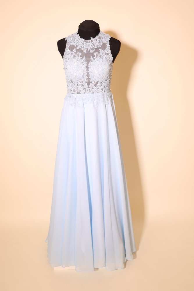 Second Hand hochgeschlossenes Chiffonkleid mit besonderem Rückenausschnitt, hellblau - Dein Kleiderladen