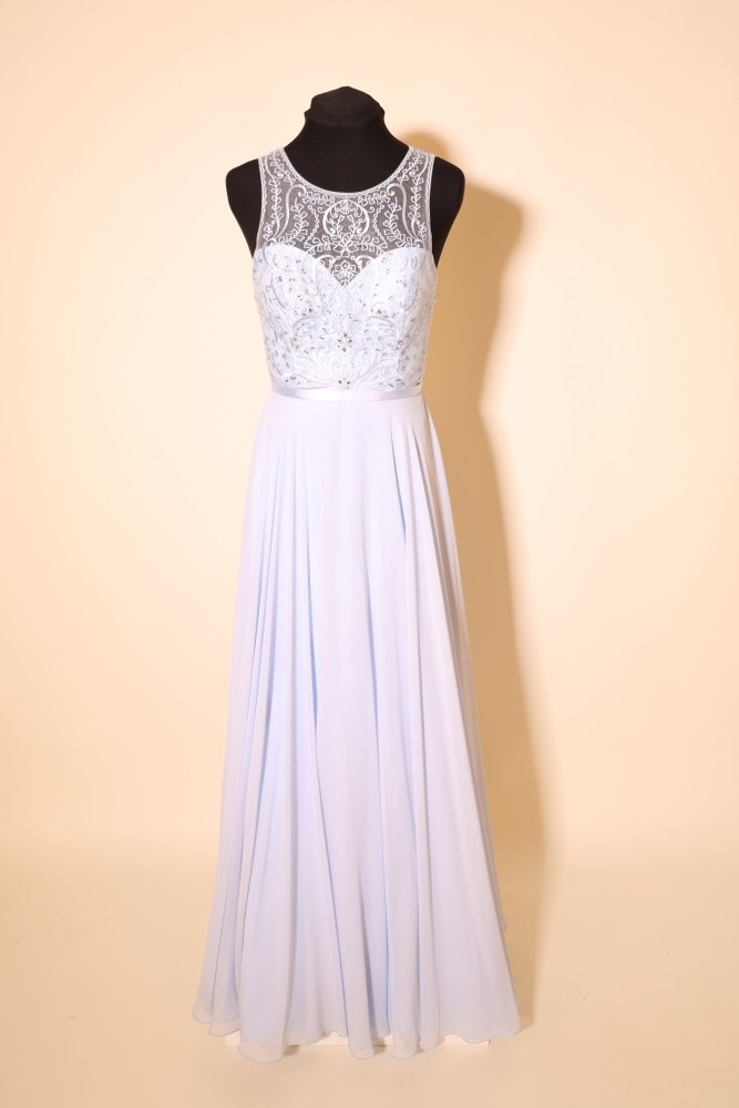 Second Hand hochgeschlossenes Chiffonkleid schnörkeliger Spitze, hellblau - Dein Kleiderladen