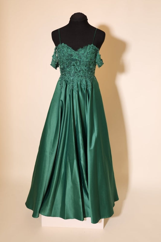 Second Hand Off-shoulder Satinkleid mit Spitze und Schnürung, grün - Dein Kleiderladen