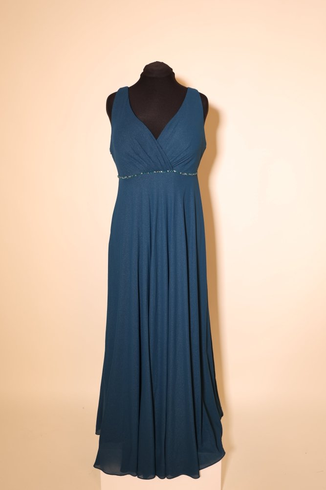 Second Hand schimmerndes Abendkleid mit Glitzergürtel, petrol - Dein Kleiderladen
