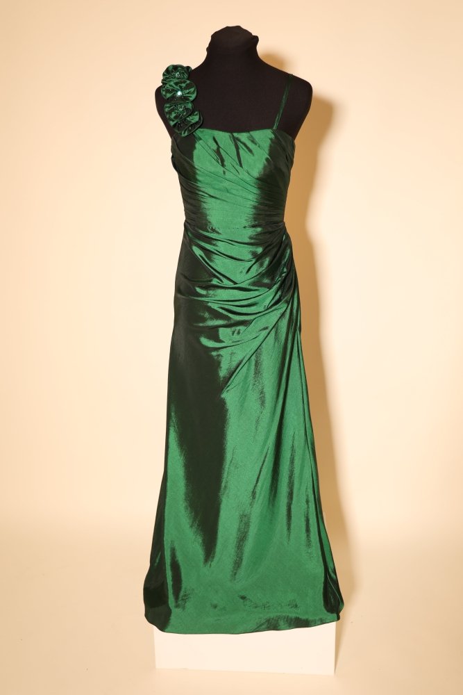 Second Hand schimmerndes One - Shoulder Satinkleid mit Blumenträger, grün - Dein Kleiderladen