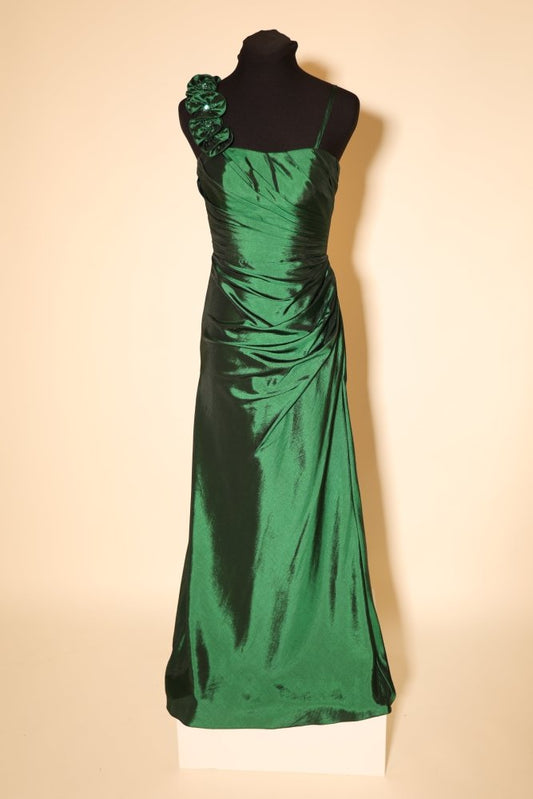 Second Hand schimmerndes One - Shoulder Satinkleid mit Blumenträger, grün - Dein Kleiderladen