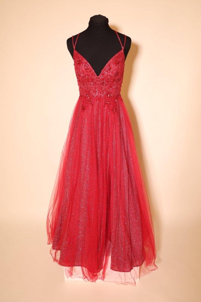 Second Hand Tüllkleid mit besonderer Schnürung und Glitzerrock, rot - Dein Kleiderladen