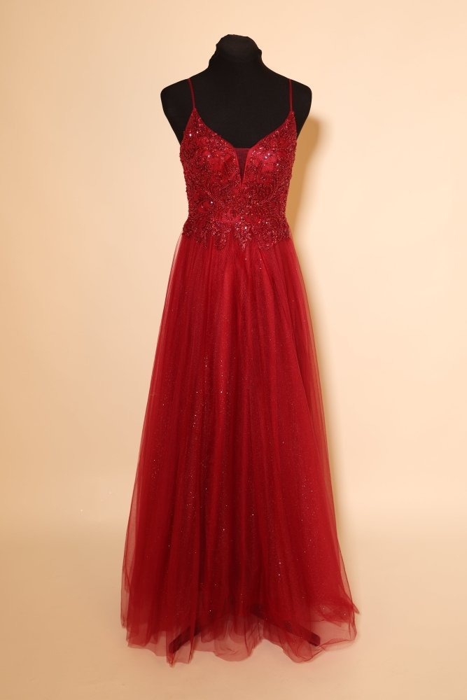 Second Hand Tüllkleid mit Spitze und V - Ausschnitt, dunkelrot - Dein Kleiderladen