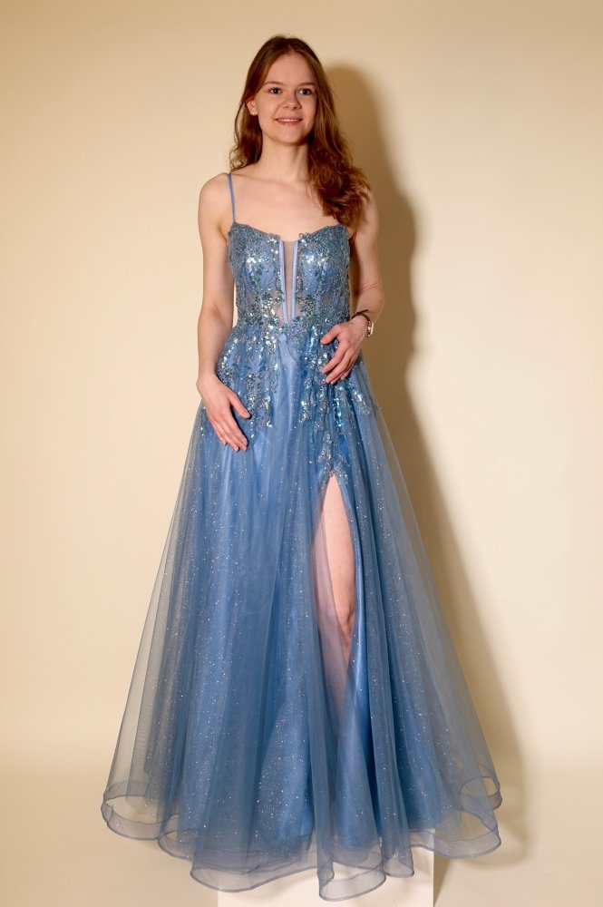 Tüllkleid mit tailliertem Spitzen - und Paillettenoberteil, lavendelblau - Dein Kleiderladen