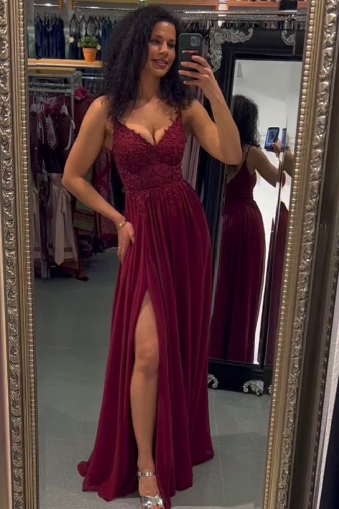 Ballkleid – elegantes langes Chiffonkleid mit feiner Spitze, bordeaux - Dein Kleiderladen