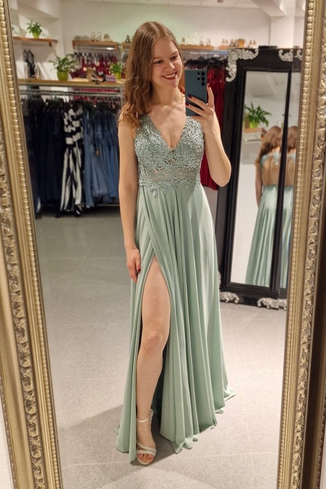 Abendkleid mit Rundrückenausschnitt, Spitze & Schlitz, mint - Dein Kleiderladen