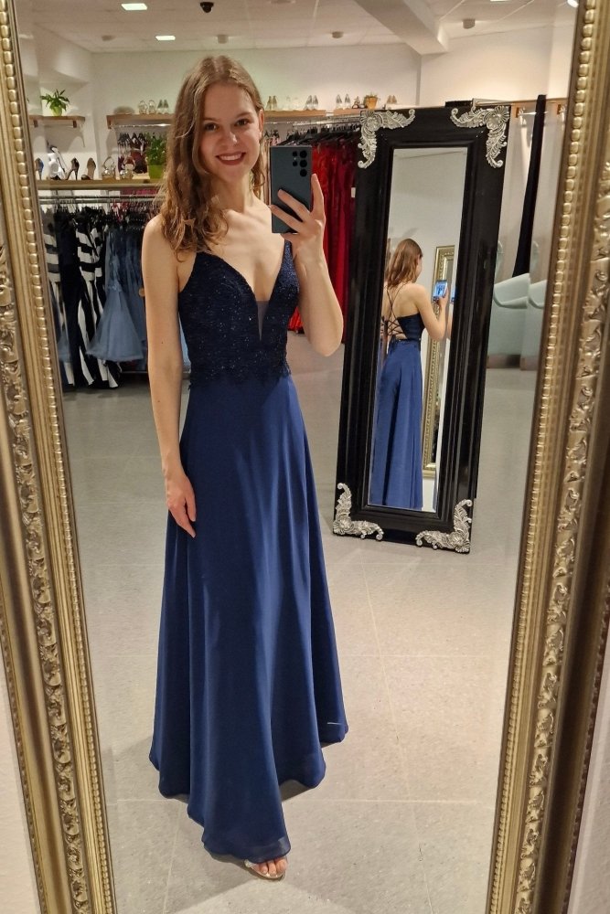 Abendkleid mit Spitze, Rückenschnürung & fließendem Rock, dunkelblau - Dein Kleiderladen