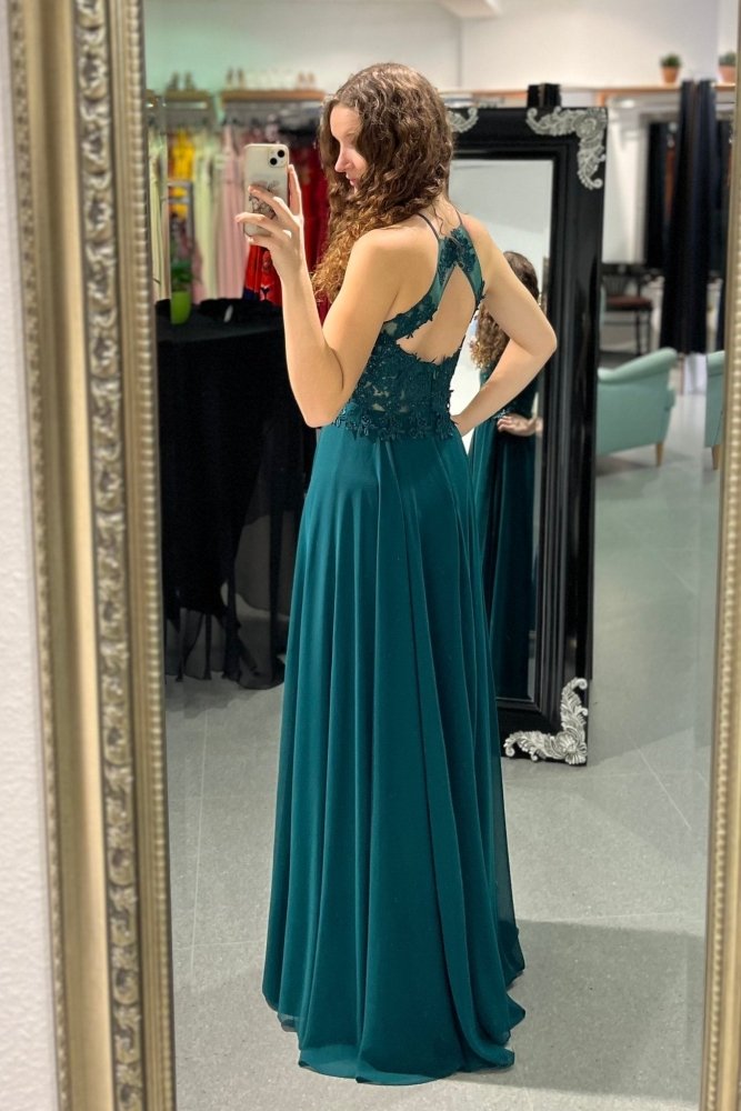 Abendkleid mit Spitzenoberteil, Neckholder & Schlitz, dunkelgrün - Dein Kleiderladen