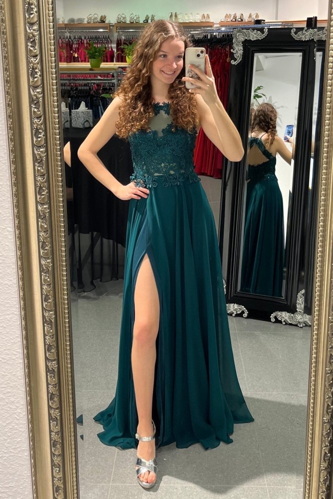 Abendkleid mit Spitzenoberteil, Neckholder & Schlitz, dunkelgrün - Dein Kleiderladen