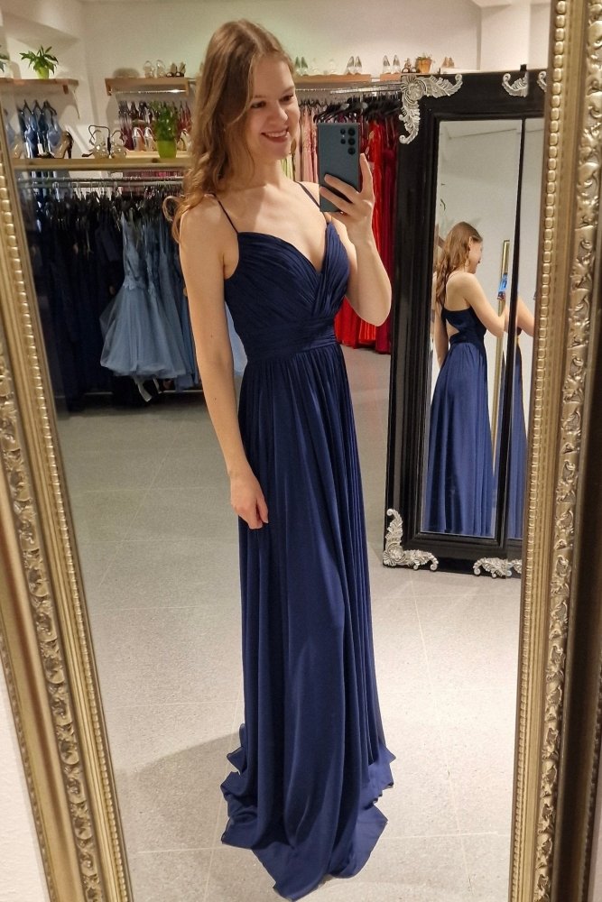 Schlichtes Abendkleid mit Raffungen und V-Ausschnitt, dunkelblau - Dein Kleiderladen